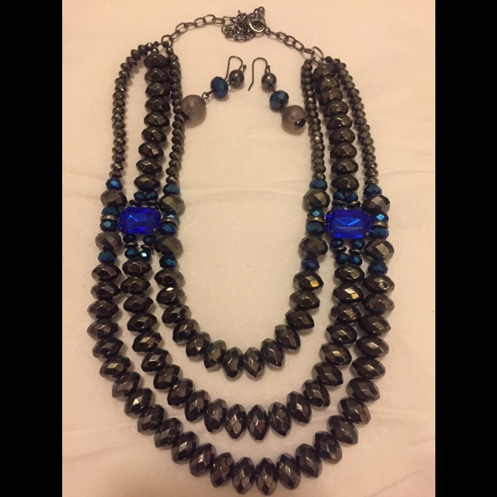 Blue and Hematite Beaded Necklace/ Earring Set.